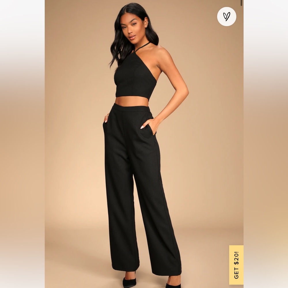 Lulu’s Elegant Edge Black Wide-Leg Halter Two-Piece Jumpsuit